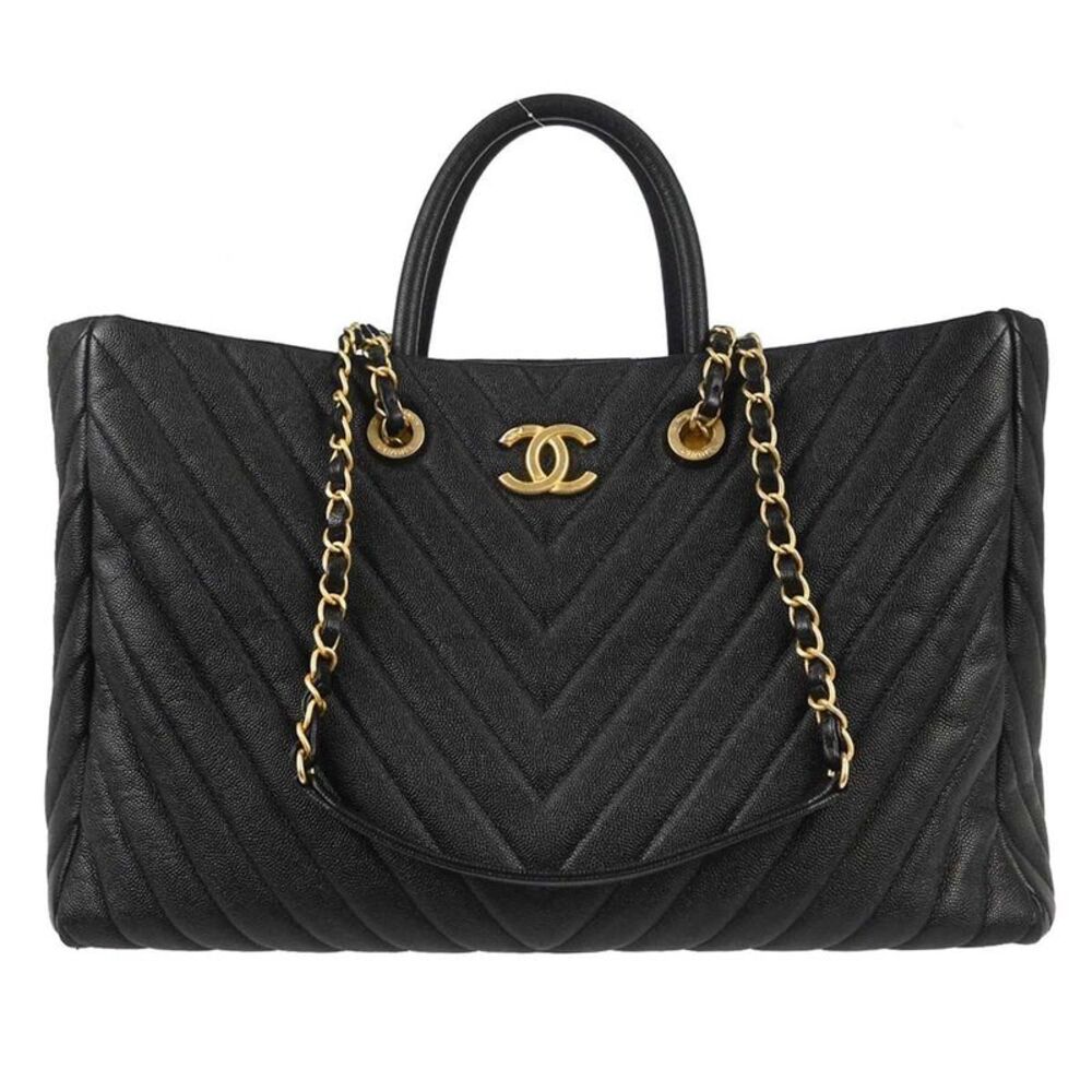 Chanel Shopping Quilted Knit Pluto Glitter Black Calfskin Handbag